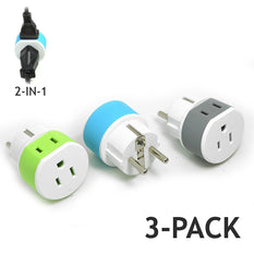 OREI Germany, France, Schuko Travel Plug Adapter - 2 USA  Inputs - 3 Pack- Type E/F