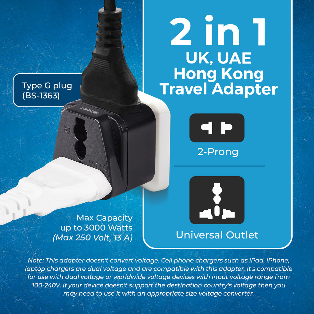 Adattatore Di Corrente Universale ATB Tipo G – 2 Pezzi Per Viaggi A Dubai, UAE, UK, Cina, Europa, USA, Australia – Convertitore Di Presa
