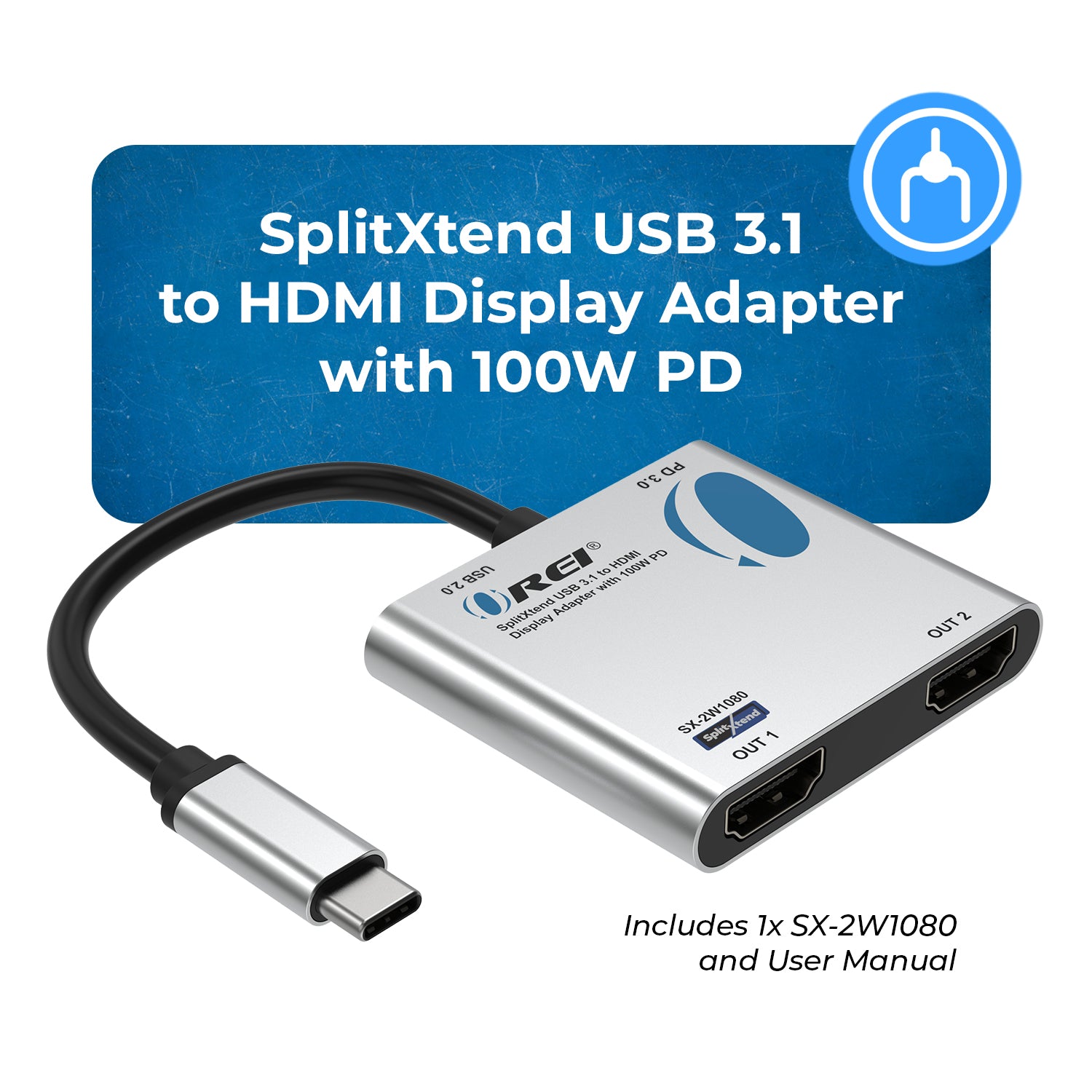 OREI SplitXtend USB 3.1 to HDMI Display Adapter with 100W PD (SX-2W108