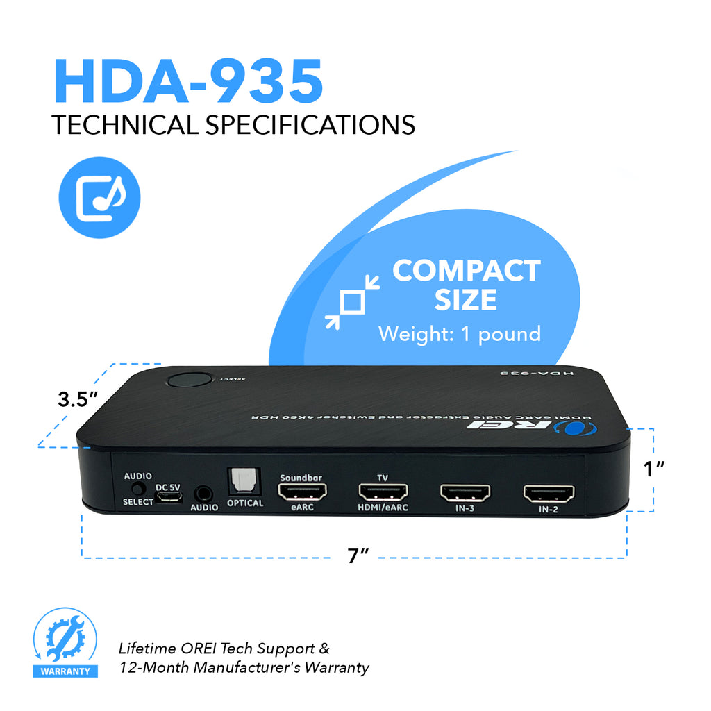 Dual HDMI eARC Audio Extractor 4K@60Hz with Optical Port & 3.5mm jack,  18Gbps bandwidth (HDA-931)