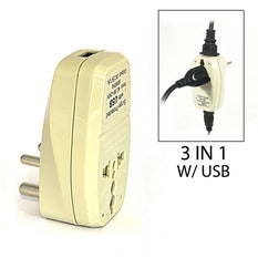 Type D - OREI Grounded 3 in 1 Plug Adapter with USB & Surge Protection - India, Africa & More