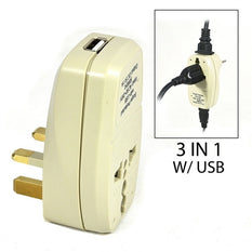 Type G - OREI Grounded 3 in 1 Plug Adapter with USB & Surge Protection - UK, Hong Kong, Singapore